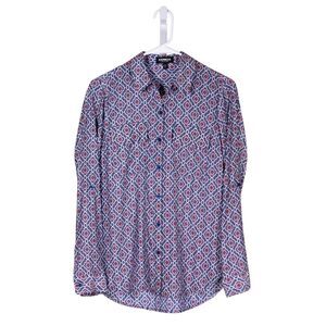 Express Women's Shirt Button Up Blue White Pink Geometric Pockets Blouse Top XS